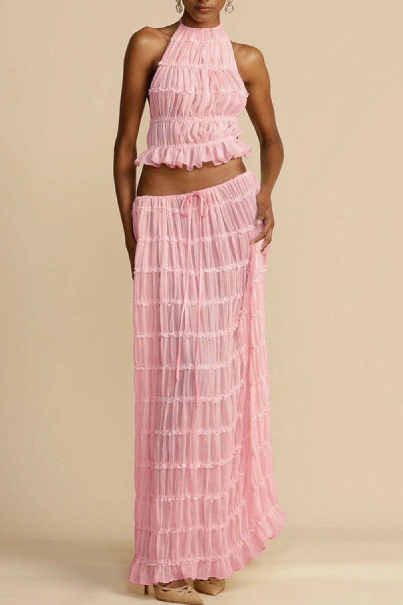 New Fashionable And Sexy Backless Hanging Neck Strap Pleated Lace Lace Vest Long Skirt Set
