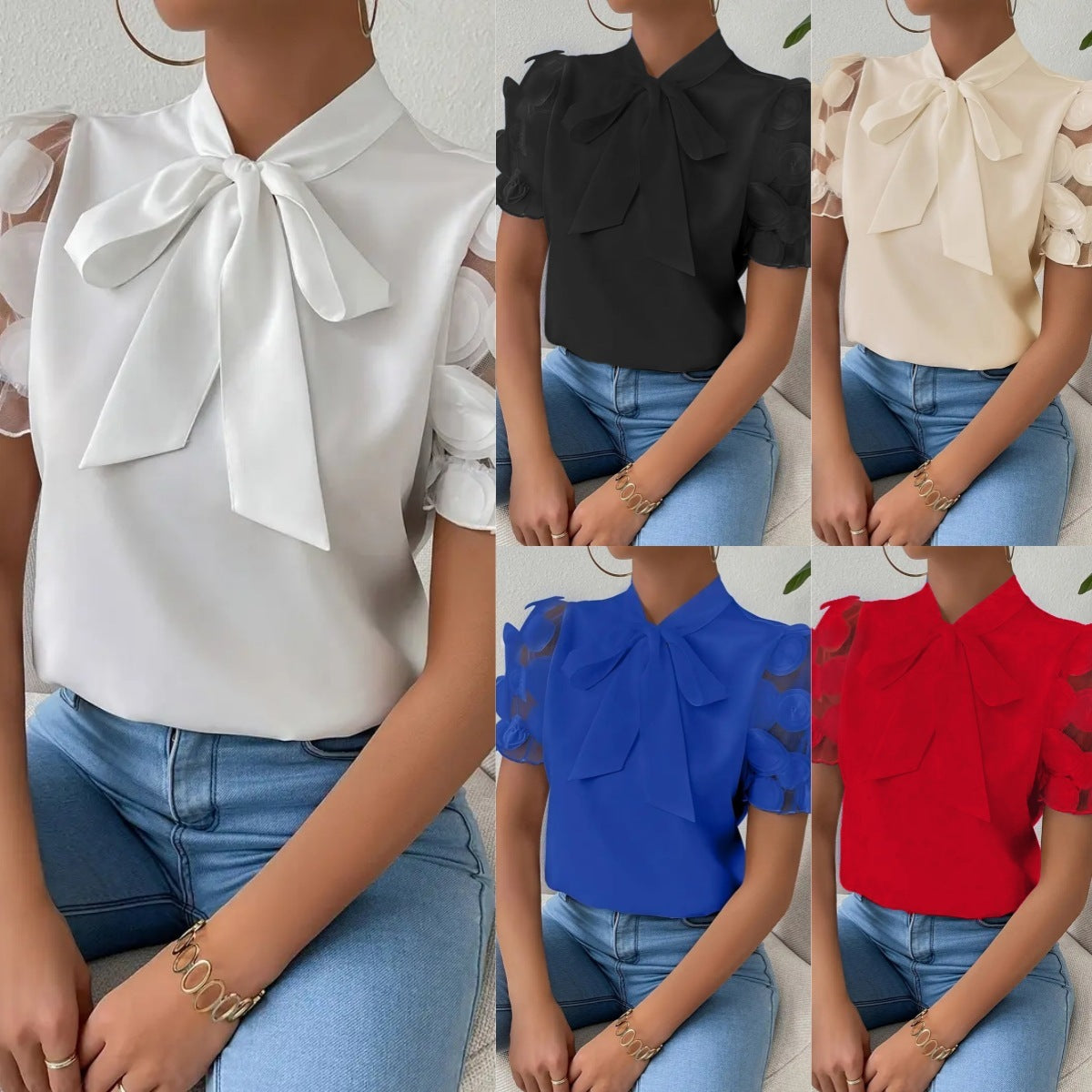 Summer Pure Color Tied Bow Short Sleeve Shirt For Women