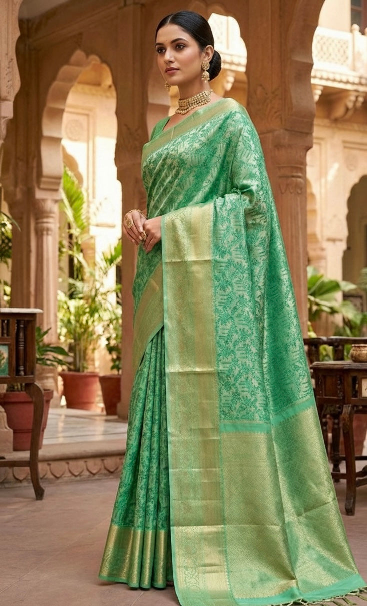 Pure Silk Pure Zari Green Dual Tone Kanchipuram Saree