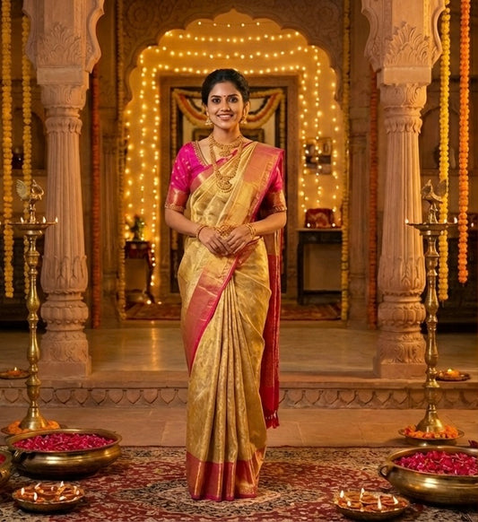 B- RIDHI Rose Gold Kanchipuram Tissue Silk Saree
