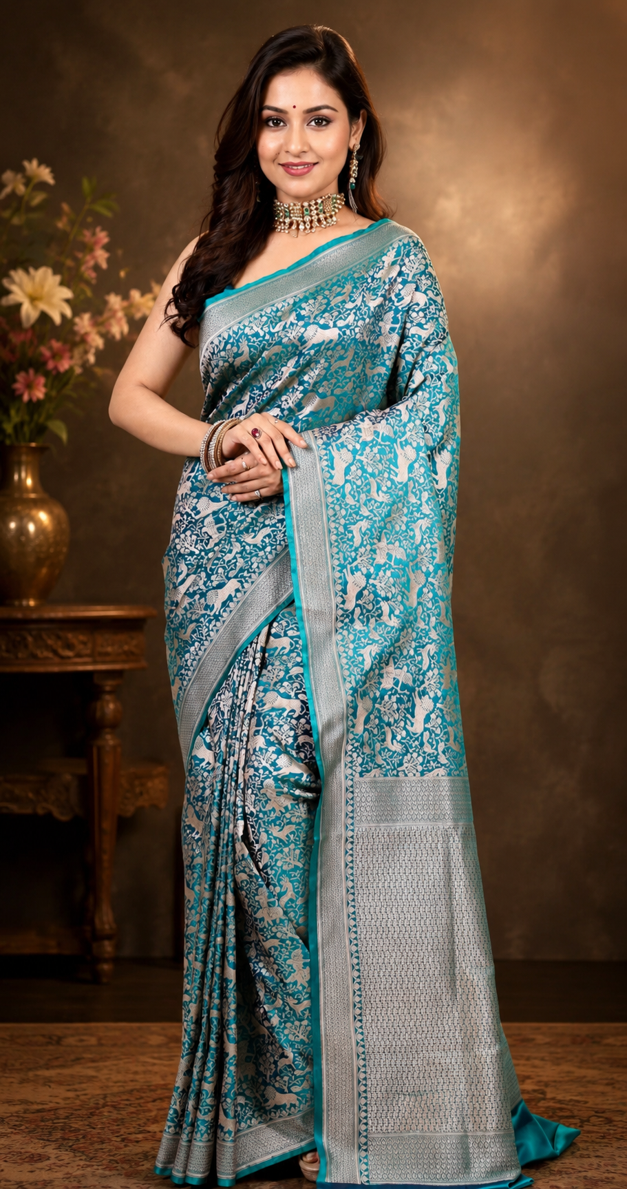 Feroza Blue Shikargah Katan Silk Saree With Blouse Piece
