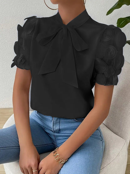 Summer Pure Color Tied Bow Short Sleeve Shirt For Women