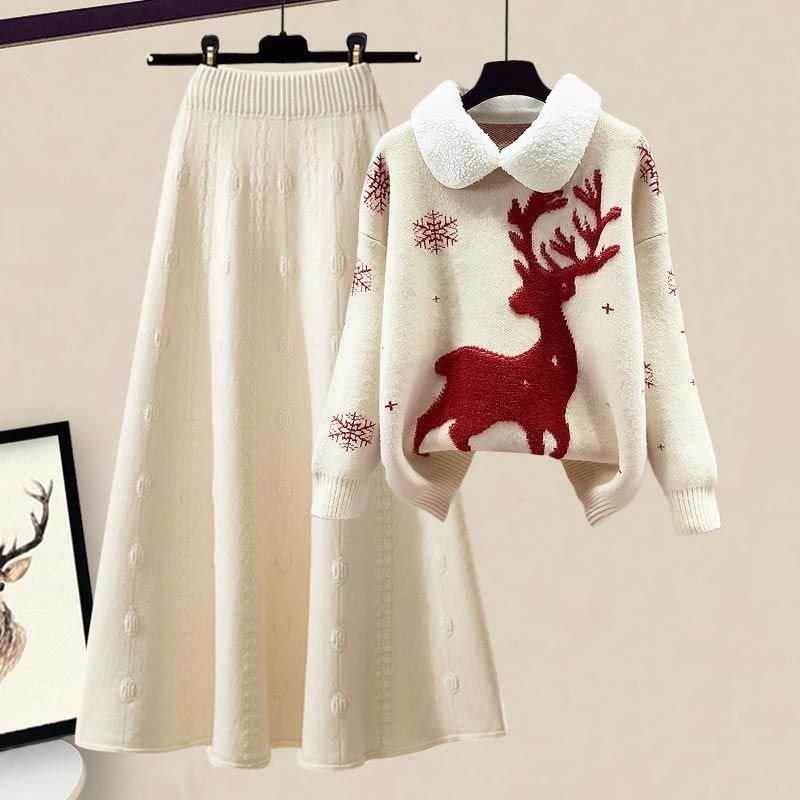 Slimming All-matching Knitted Sweater Skirt Two-piece Set