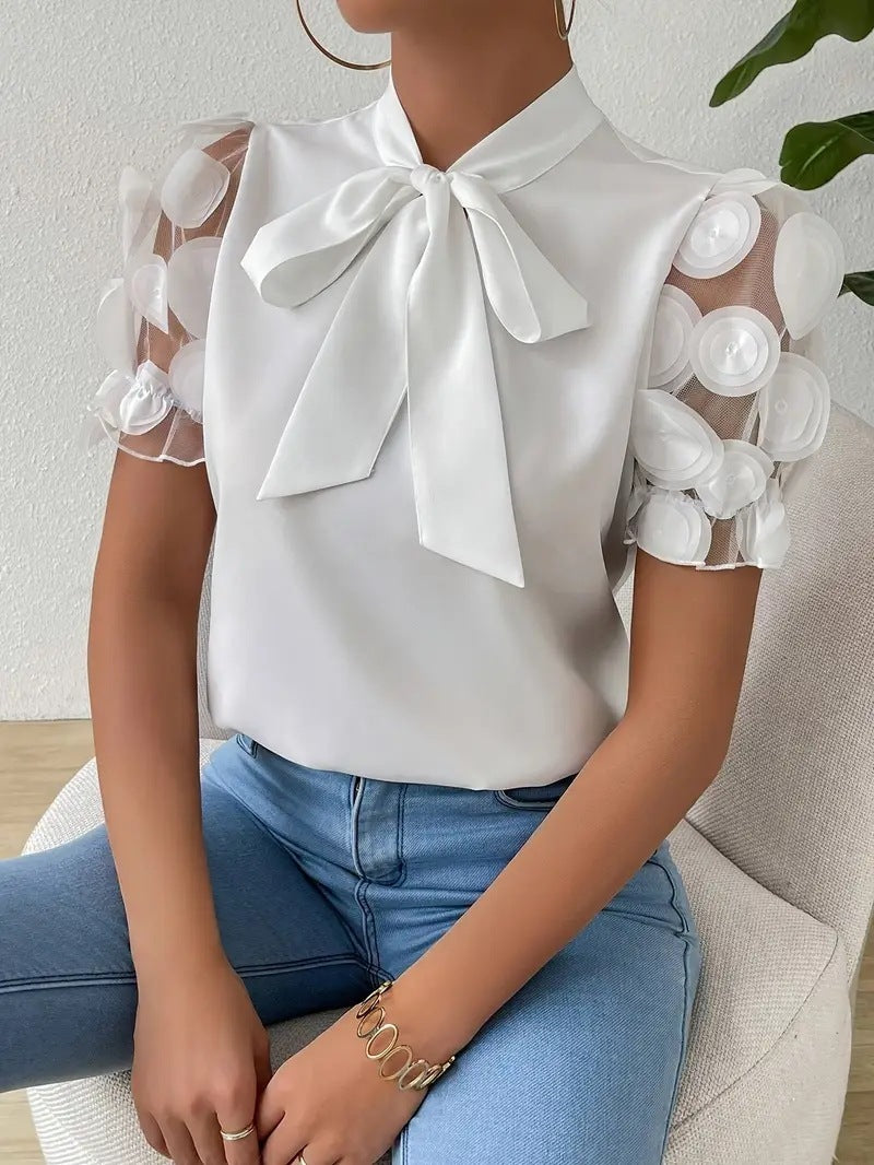 Summer Pure Color Tied Bow Short Sleeve Shirt For Women