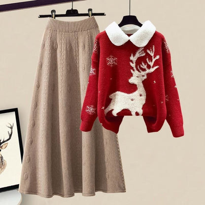 Slimming All-matching Knitted Sweater Skirt Two-piece Set