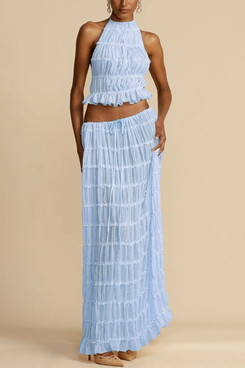 New Fashionable And Sexy Backless Hanging Neck Strap Pleated Lace Lace Vest Long Skirt Set