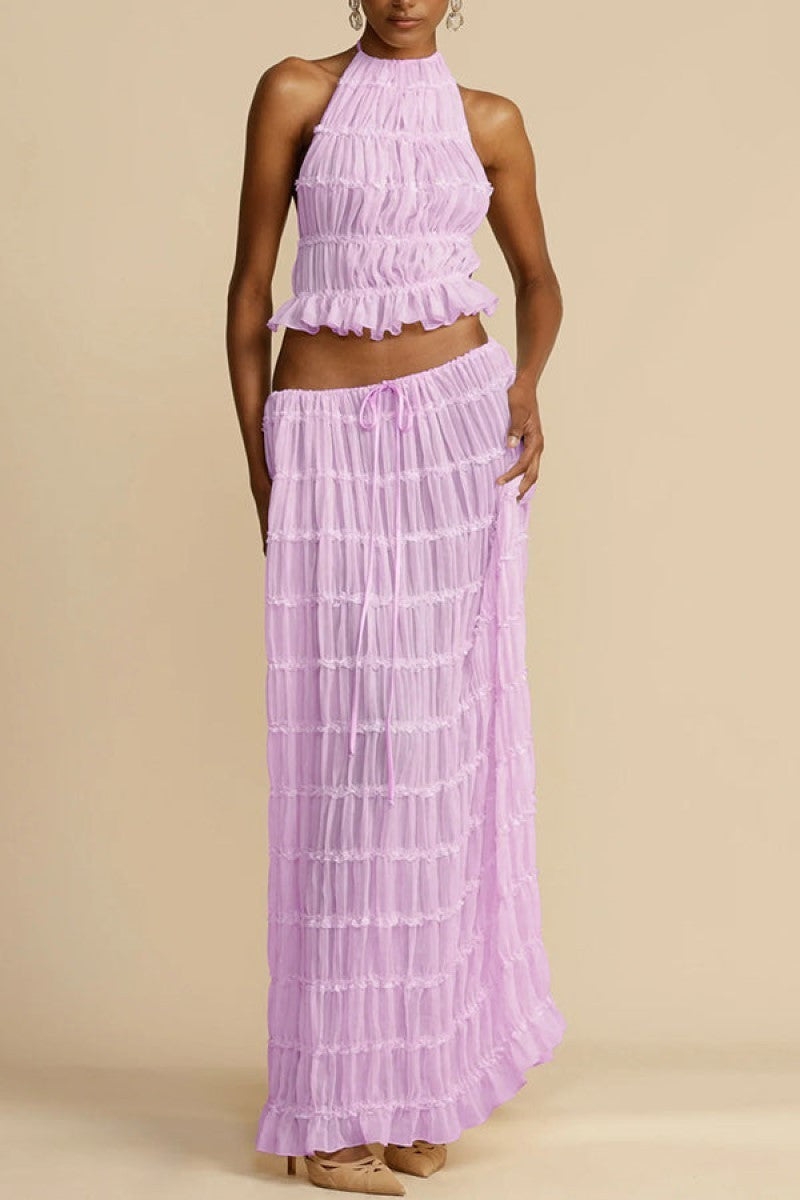 New Fashionable And Sexy Backless Hanging Neck Strap Pleated Lace Lace Vest Long Skirt Set