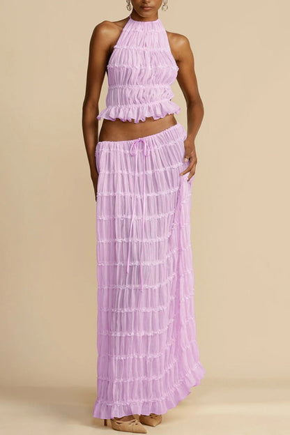 New Fashionable And Sexy Backless Hanging Neck Strap Pleated Lace Lace Vest Long Skirt Set