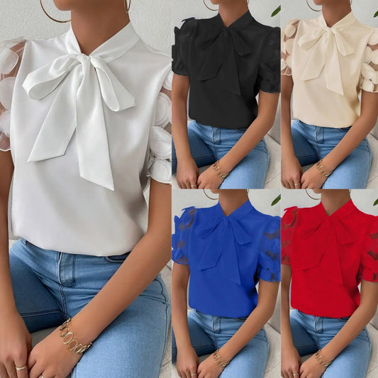 Summer Pure Color Tied Bow Short Sleeve Shirt For Women