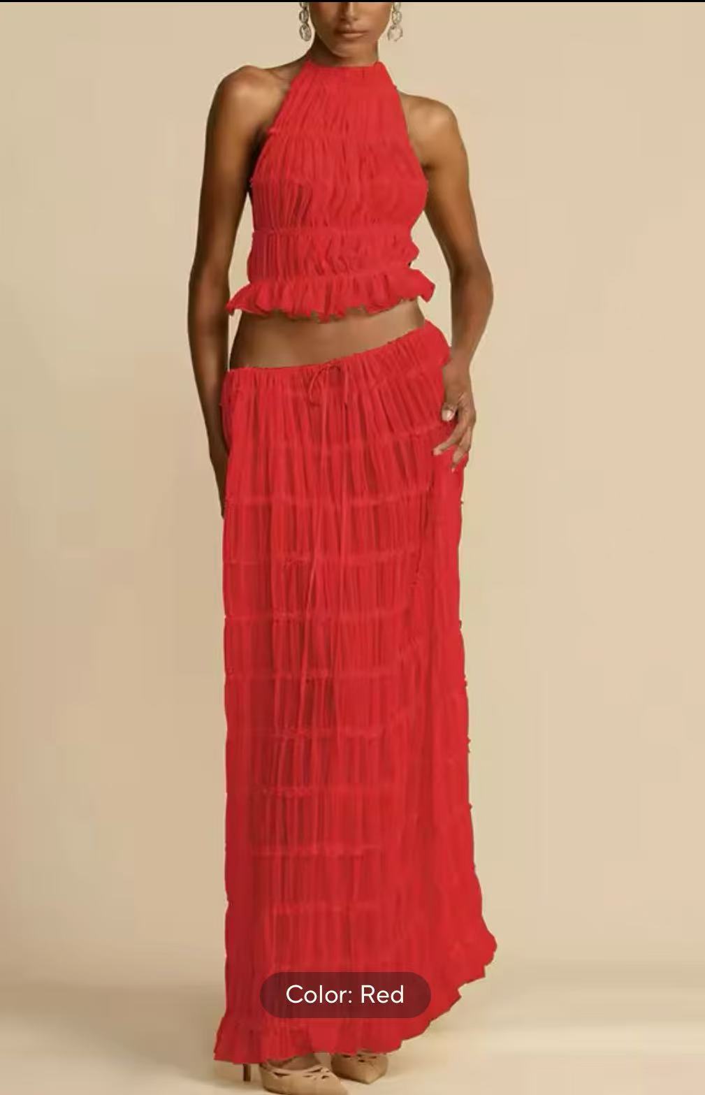 New Fashionable And Sexy Backless Hanging Neck Strap Pleated Lace Lace Vest Long Skirt Set