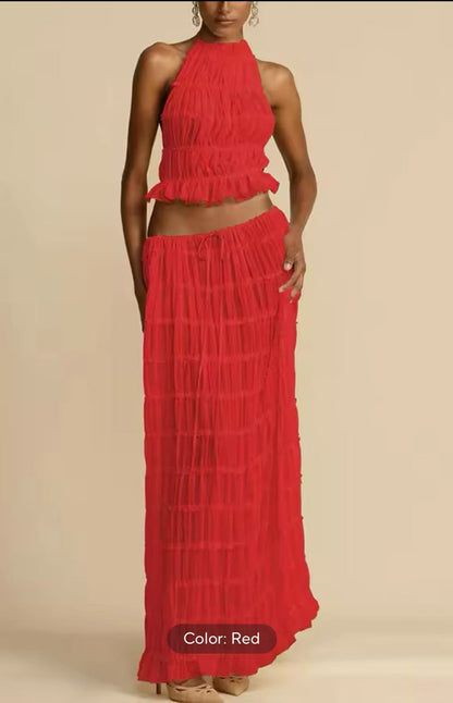 New Fashionable And Sexy Backless Hanging Neck Strap Pleated Lace Lace Vest Long Skirt Set