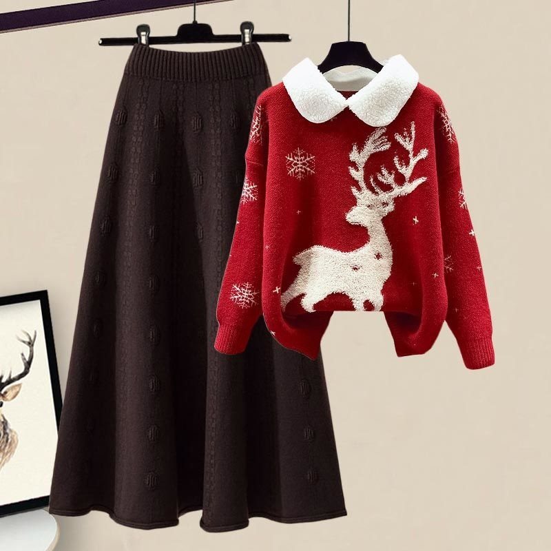 Slimming All-matching Knitted Sweater Skirt Two-piece Set