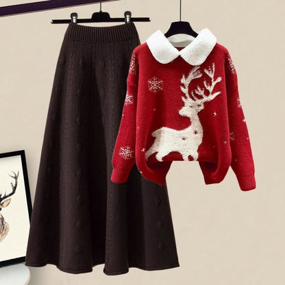 Slimming All-matching Knitted Sweater Skirt Two-piece Set