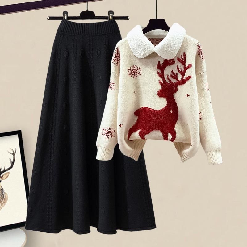 Slimming All-matching Knitted Sweater Skirt Two-piece Set