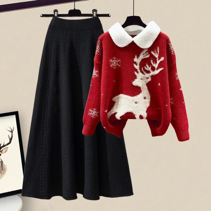 Slimming All-matching Knitted Sweater Skirt Two-piece Set