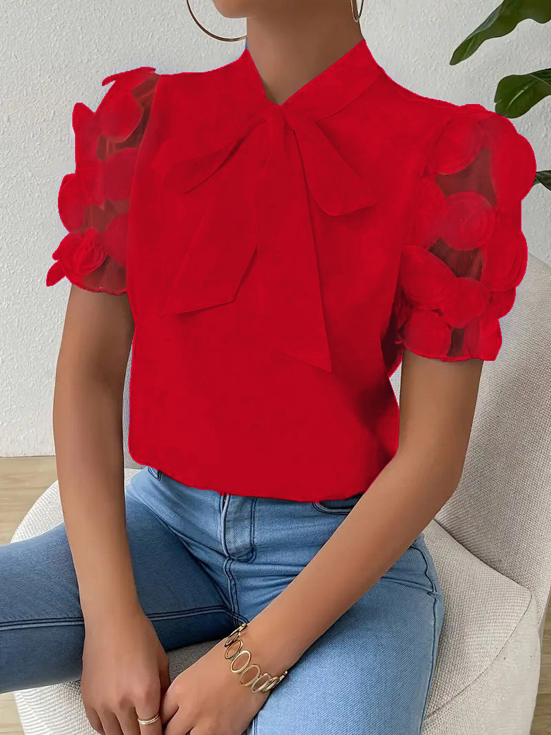 Summer Pure Color Tied Bow Short Sleeve Shirt For Women
