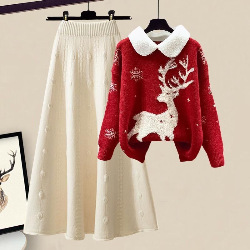 Slimming All-matching Knitted Sweater Skirt Two-piece Set