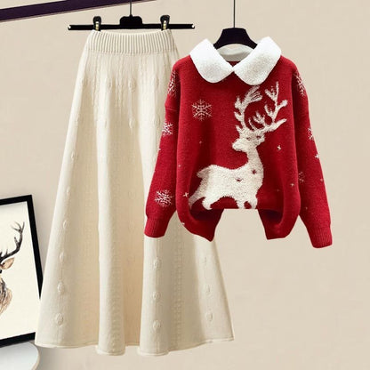 Slimming All-matching Knitted Sweater Skirt Two-piece Set