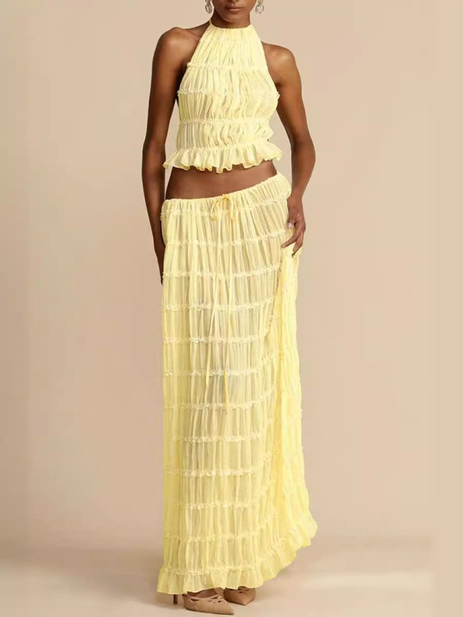 New Fashionable And Sexy Backless Hanging Neck Strap Pleated Lace Lace Vest Long Skirt Set