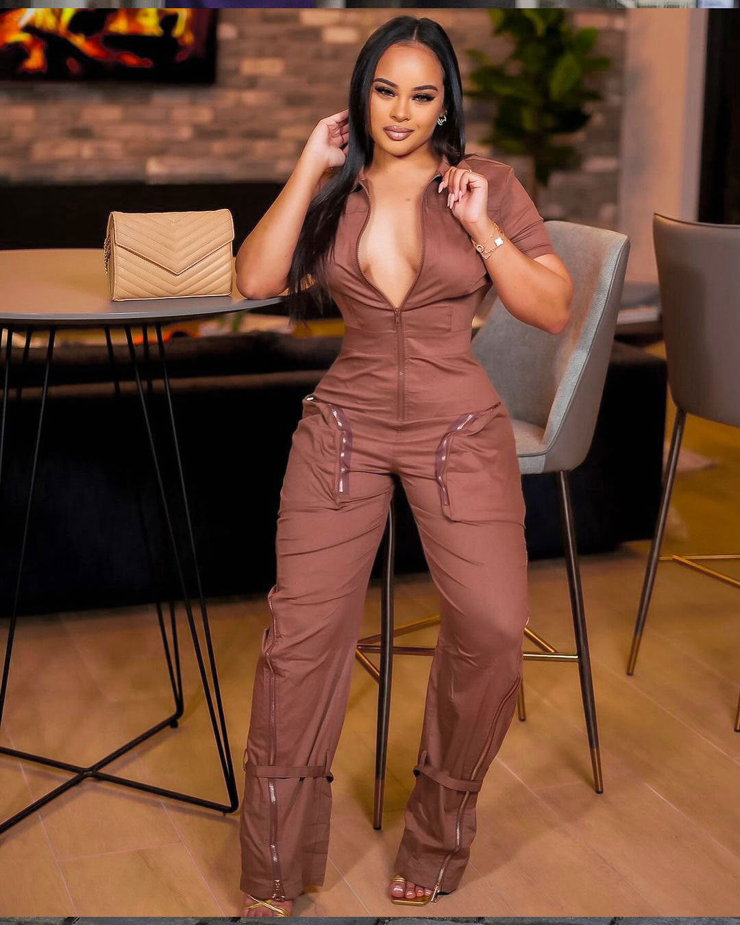 Summer Zipper Workwear With Pocket Jumpsuit