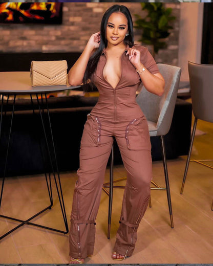 Summer Zipper Workwear With Pocket Jumpsuit