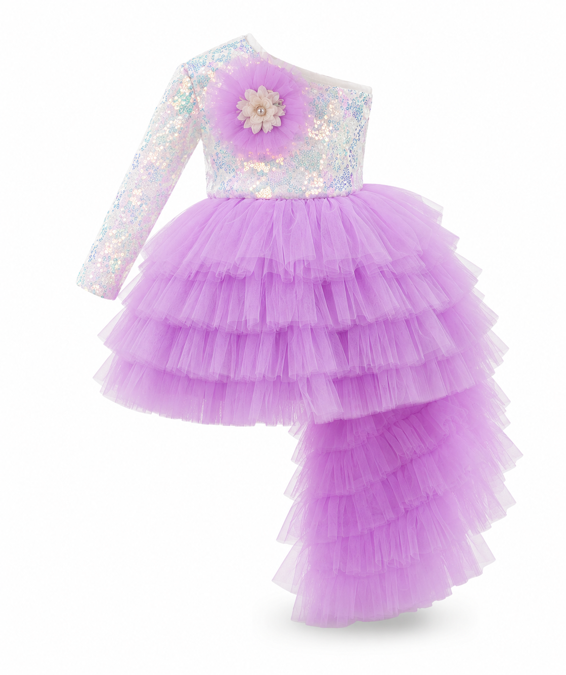 Girls’ Lavender Purple Sequin Tulle Party Dress with Ruffled Skirt