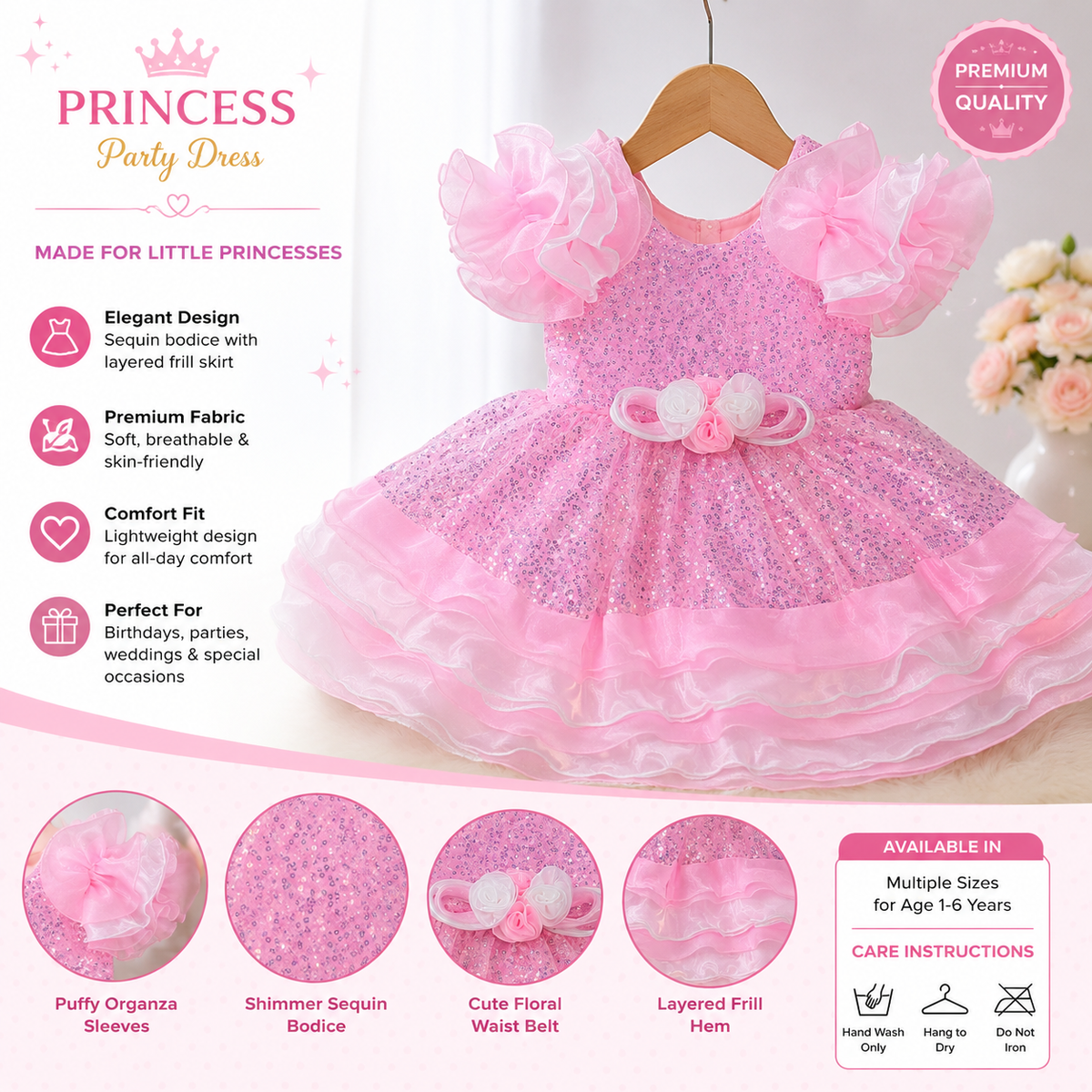 🌸 Girls’ Pink Sequin Princess Party Dress
