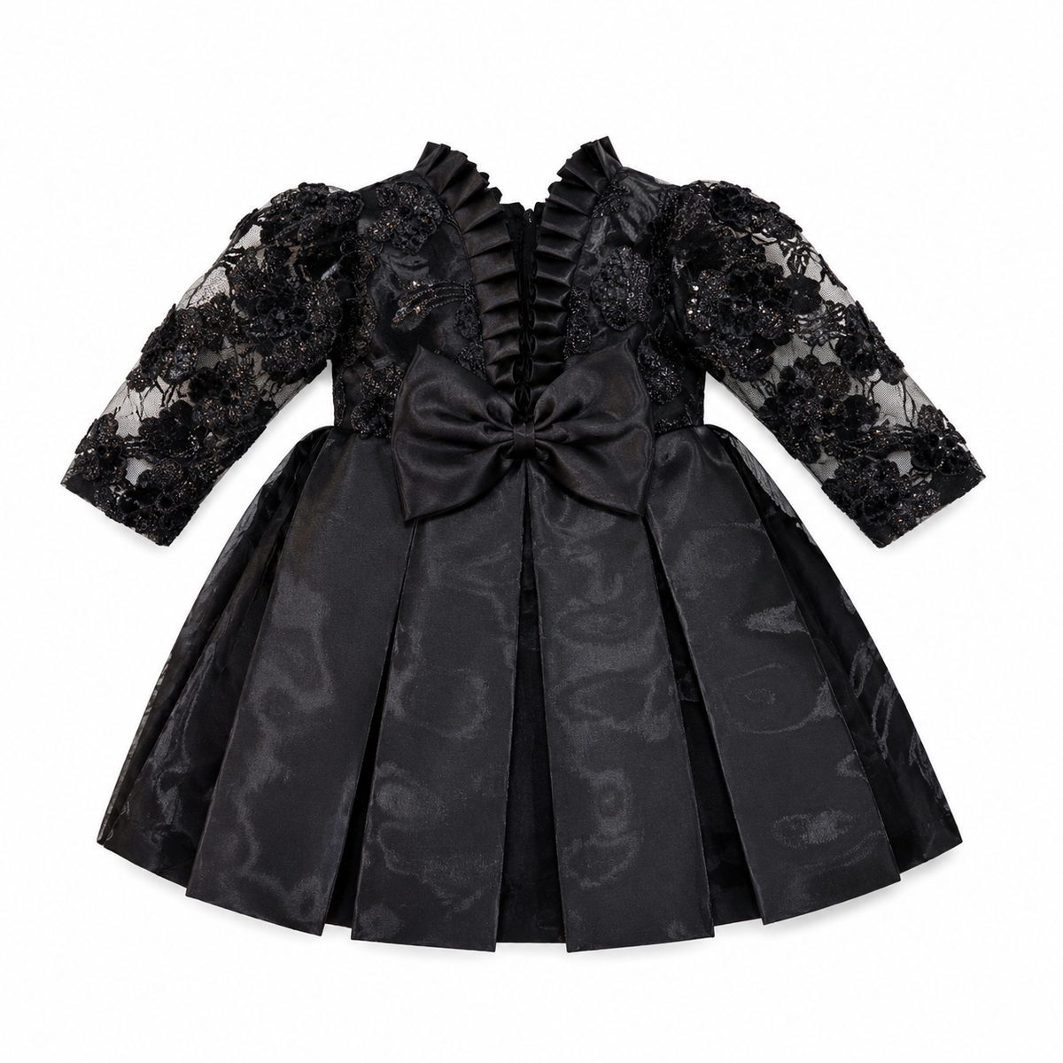 Girls’ Black Lace Party Dress with Satin Bow & Full Skirt