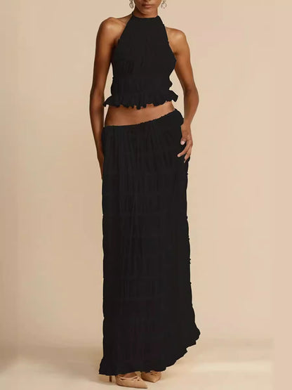 New Fashionable And Sexy Backless Hanging Neck Strap Pleated Lace Lace Vest Long Skirt Set