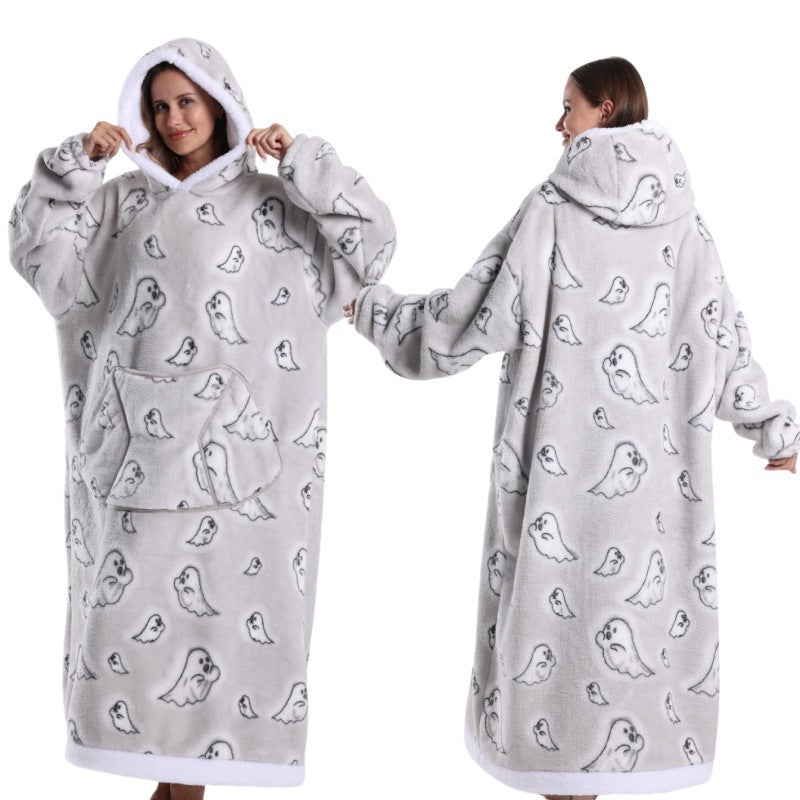 Animal Cartoon Extra Thick Lambswool Pajamas Hooded Lazy Blanket