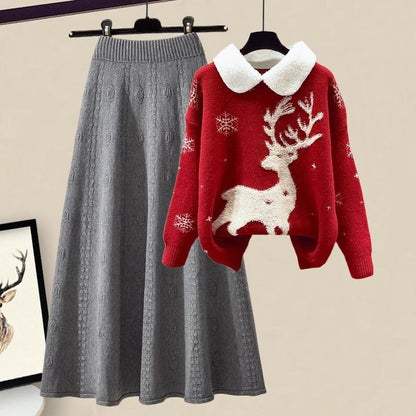 Slimming All-matching Knitted Sweater Skirt Two-piece Set