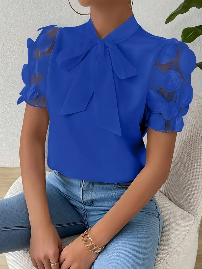 Summer Pure Color Tied Bow Short Sleeve Shirt For Women