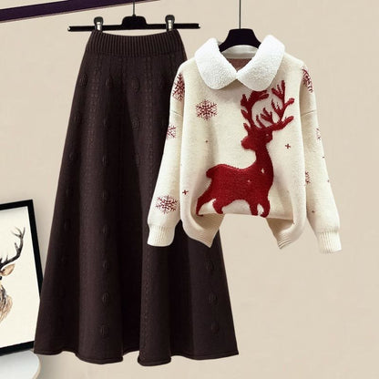 Slimming All-matching Knitted Sweater Skirt Two-piece Set