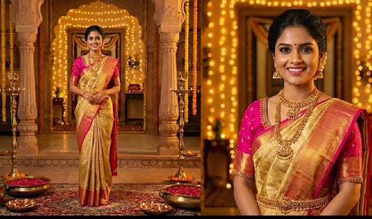 B- RIDHI Rose Gold Kanchipuram Tissue Silk Saree